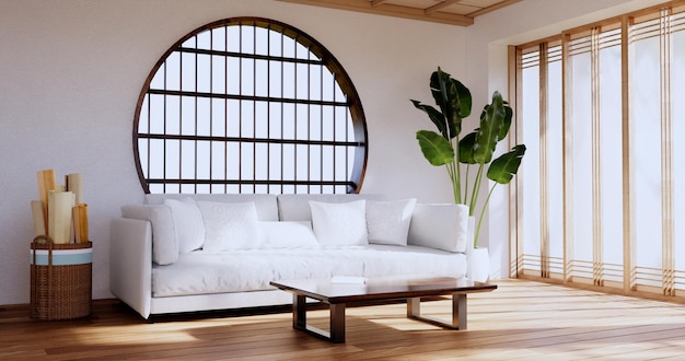 Weißes japanisches Sofa auf Zimmer japanisches tropisches Design und Tatami-Matte floor3D-Rendering