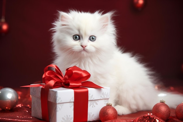 Weißes Kätzchen auf einem Weihnachtsgeschenk