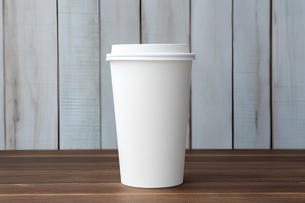 Weißes Kaffeekopfen-Mockup auf neutralem Hintergrund und Holztisch