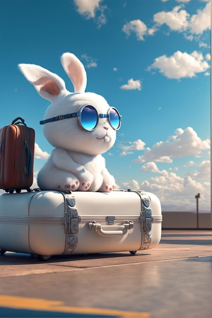 Foto weißes kaninchen, das auf einem blauen koffer sitzt generative ki