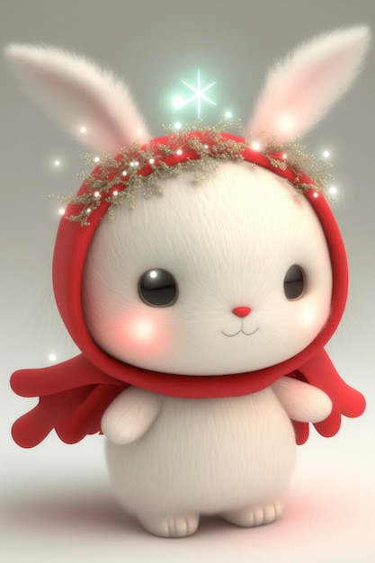 Weißes Kaninchen, das eine generative ai des roten Hutes und des Schals trägt
