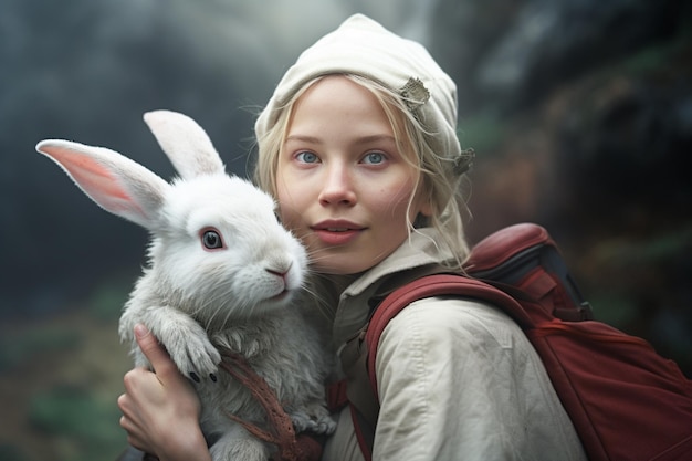 Weißes Kaninchen in Begleitung eines Rucksackreisenden im Hintergrund