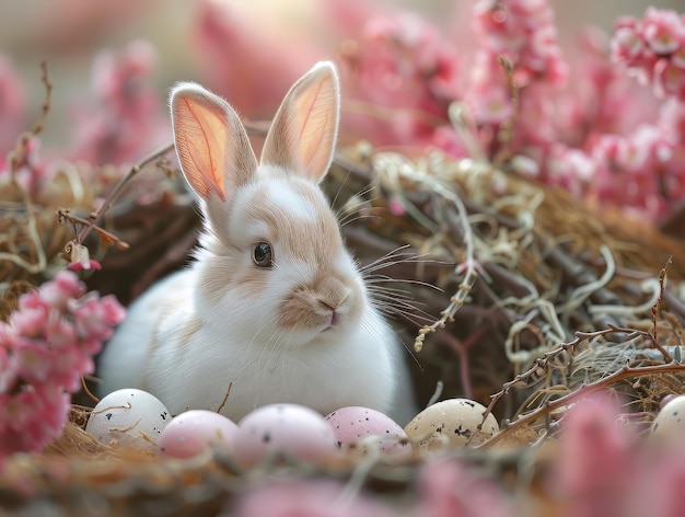 Weißes Kaninchen in der Frühlingslandschaft mit pastellfarbenen Eiern an den Füßen