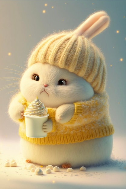Weißes Kaninchen in einem gelben Pullover, der eine Tasse Kaffee hält