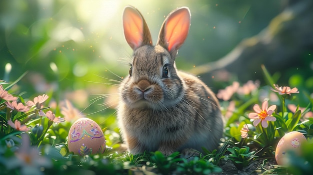 Weißes Kaninchen in einem Korb mit Klee Baby Kaninchen Korb mit Kaninchen Kaninchen mit Blumen Korb mit rosa Klee Blumen