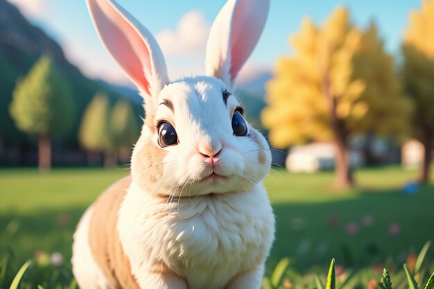 Foto weißes kaninchen mit langen ohren, das auf dem gras spielt, niedlicher haustierkaninchen-tiertapetenhintergrund