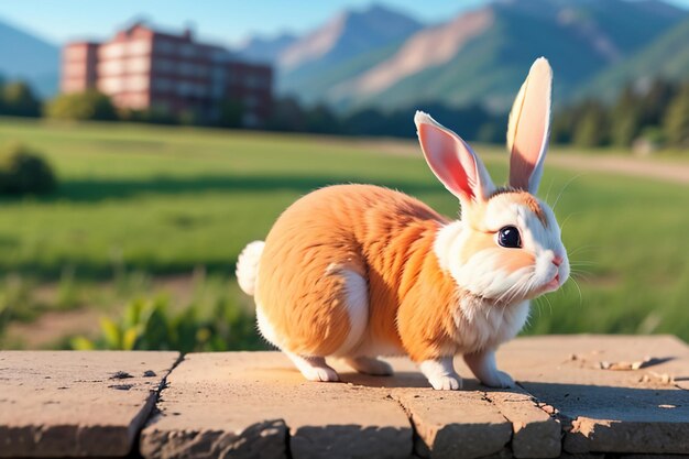 Weißes Kaninchen mit langen Ohren, das auf dem Gras spielt, niedlicher Haustierkaninchen-Tiertapetenhintergrund