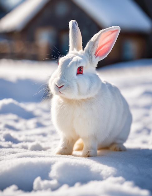 Weißes Kaninchen mit roten Augen im Schneefeld