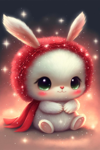 Weißes Kaninchen mit roter Mütze und rotem Schal, generative KI