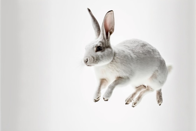 Weißes Kaninchen springt auf weißem Hintergrund Ganzkörper mit freiem Speicherplatz Hergestellt von AIKünstliche Intelligenz