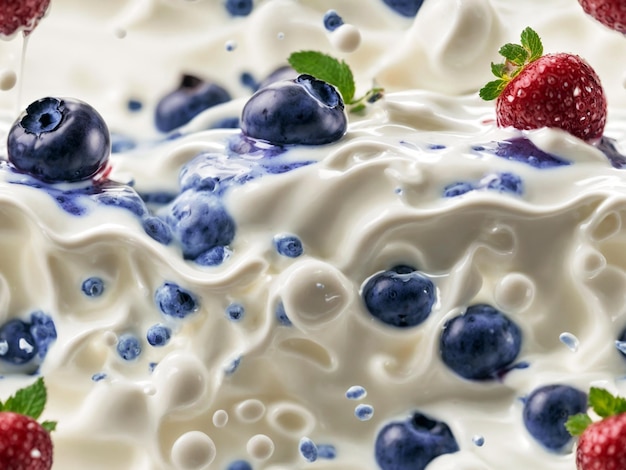 Weißes Karamell mit blaubeerfarbener Milch und etwas Blaubeerspritzer auf weißem Hintergrund