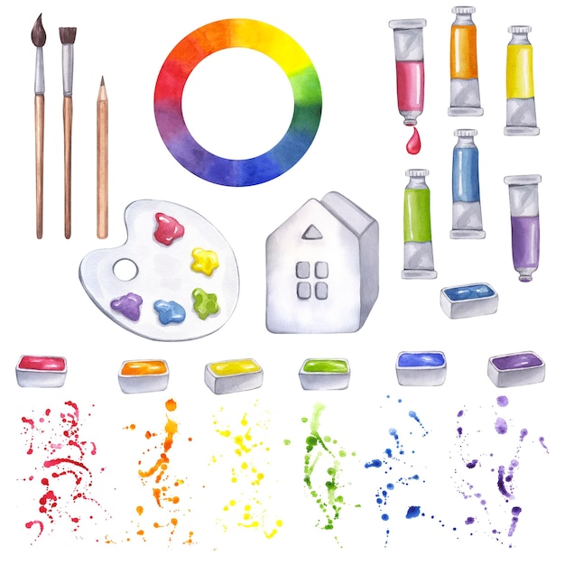 Weißes Keramikhaus Pinselbecher Bleistift- und Pinselstand Künstlerpalette Zubehör Schulmittel zum Zeichnen Handgezeichnete Aquarell-Illustration isolierter Hintergrund Kunst für Logo-Druck