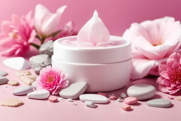 Foto weißes kosmetikprodukt mit rosa blumen und spa-steinen auf rosa hintergrund