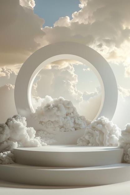 Weißes kreisförmiges Podium mit Wolken im Hintergrund