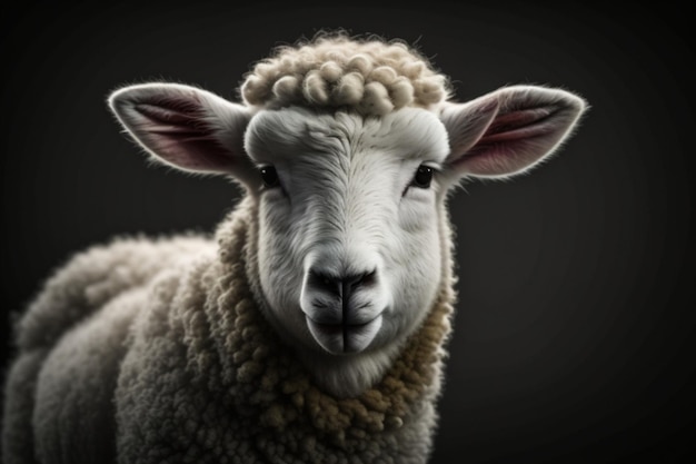 Weißes Lamm isoliert auf schwarzem Closeup eines jungen Schafes, das in die Kamera schaut, mit Kopierraum auf schwarzen Hintergrund