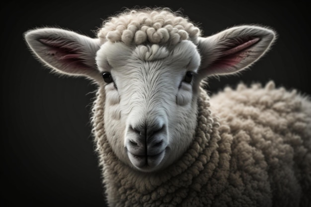 Weißes Lamm isoliert auf schwarzem Closeup eines jungen Schafes, das in die Kamera schaut, mit Kopierraum auf schwarzen Hintergrund