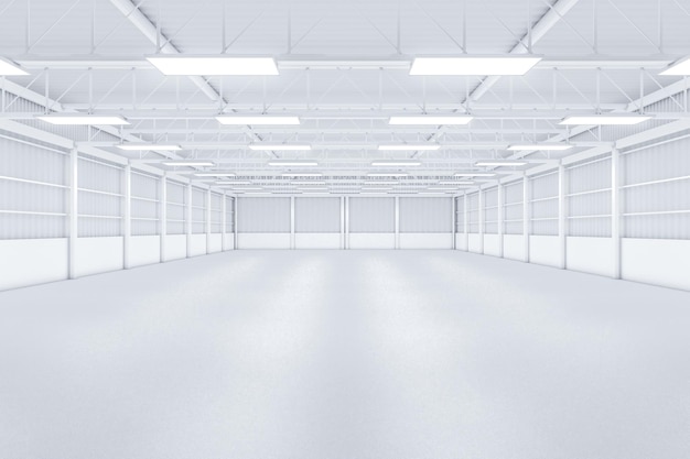 Weißes, leeres Industriegebäude mit Lichtern, die von der Decke 3D hängen 3D-Darstellung