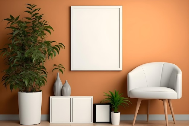 Weißes, leeres minimalistisches Fotorahmen-Mockup an der Wand mit Möbeln und grünen Pflanzen dekorativ