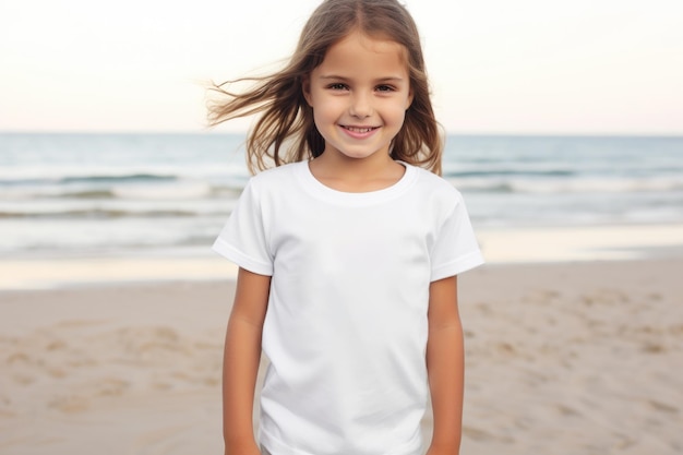 Weißes leeres T-Shirt-Mockup Mädchen am Strand