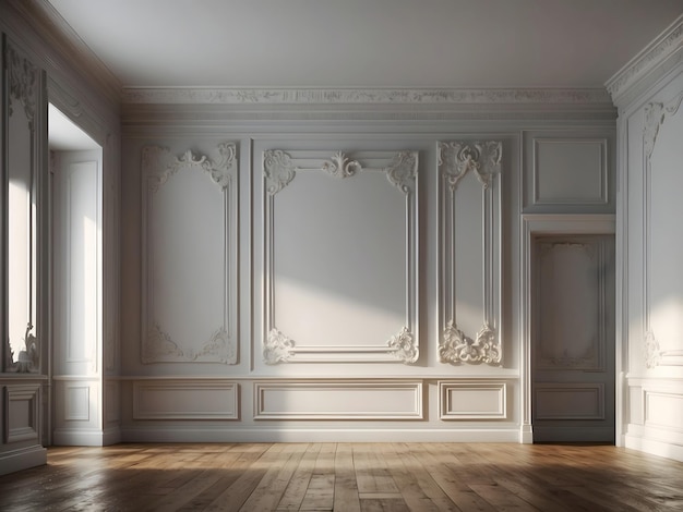 Weißes leeres Zimmer mit Stuckmalereien und Sconces Klassischer Innenraumstil