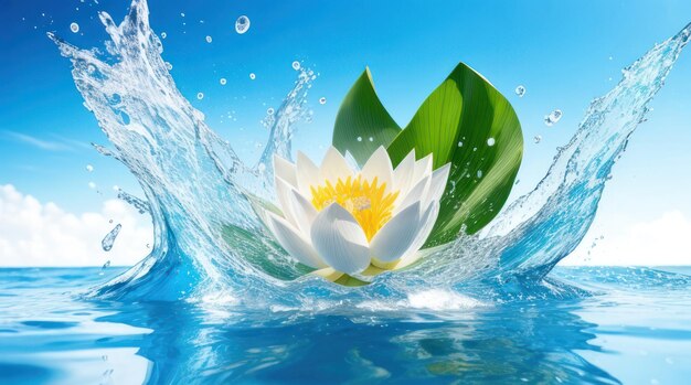 Weißes Lotus-Thai-Neujahr Songkran-Wasser spritzt auf blauem Hintergrund