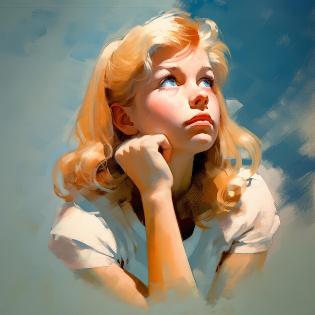 Weißes Mädchen im Denken und Zweifel Illustration Junge Frauenfigur mit verträumtem Gesicht auf abstraktem Hintergrund Ai generierte ein hell gezeichnetes, farbenfrohes Poster