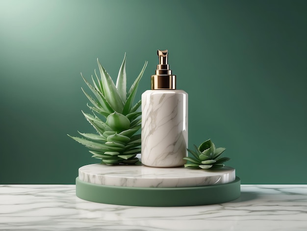 Weißes Marmorpodium Kosmetik-Display-Produktstand mit Aloe-Vera-Blatt auf grünem Hintergrund 3D-Rendering