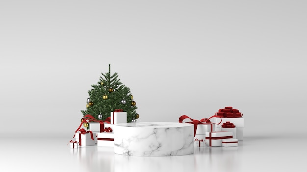 Weißes Marmorzylinderpodest mit Weihnachtsschmuck