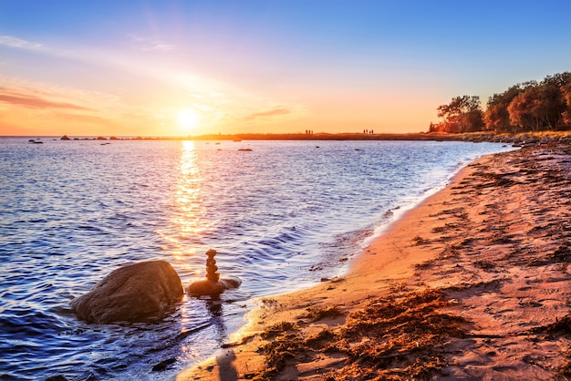 Weißes Meer auf den Solovetsky-Inseln, die untergehende Sonne und Steine mit Algen auf dem Sand am Ufer