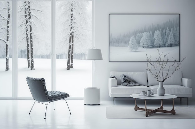 Weißes minimalistisches Interieur mit einer Winterlandschaft vor dem Fenster Generative KI