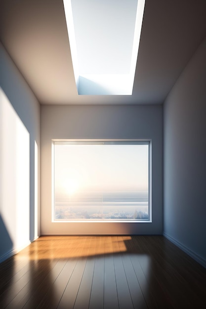 Weißes minimalistisches Zimmer mit leeren Wänden und Sonnenlicht, das durch Fenster strömt