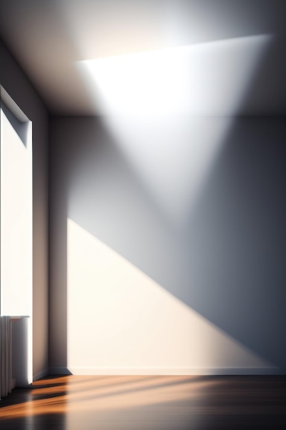 Weißes minimalistisches Zimmer mit leeren Wänden und Sonnenlicht, das durch Fenster strömt