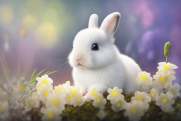 Weißes Osterkaninchen auf Frühlingsblumenhintergrund Realistischer süßer Babyhase Generative KI