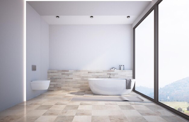 Weißes Panorama-Badezimmer und Toilette
