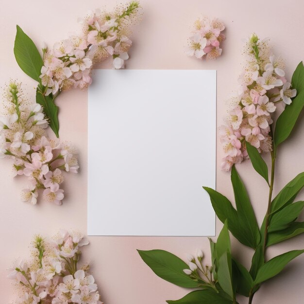 Weißes Papier auf einem rosa pastellfarbenen Hintergrund mit rosa Blumen um das Modell herum