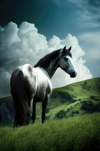 Weißes Pferd, das auf dem Feld steht und mit generativer KI-Technologie erstellt wurde
