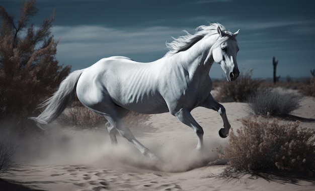 Weißes Pferd im Galopp in der Wüste Illustration AI GenerativexA
