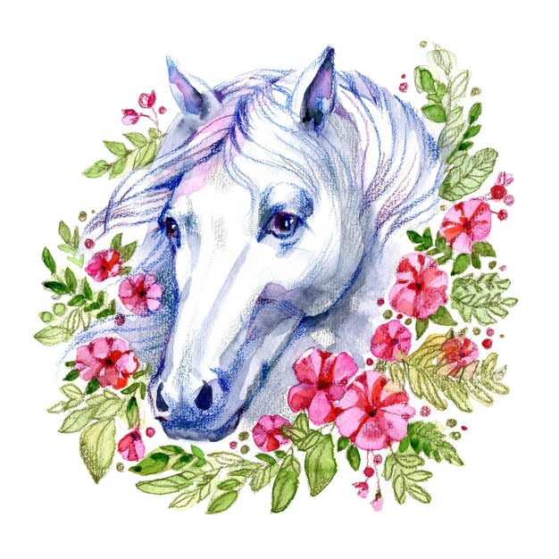 Foto weißes pferd in blumenpflanze frühlingsrahmen kreis kranz mit pionen und rosen isoliert auf weißem hintergrund porträtkopf aquarell illustration