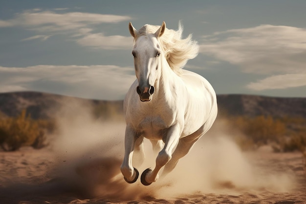 Weißes Pferd läuft auf dem Sand, erstellt mit generativer KI-Technologie