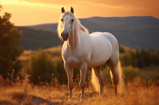 Weißes Pferd oder Stute in den Bergen bei Sonnenuntergang