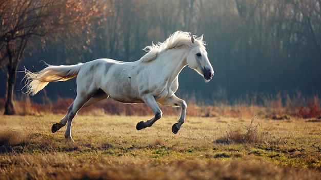 Weißes Pferd rennt nach vorne Bild, das das galoppierende weiße Pferd AI Generative zeigt