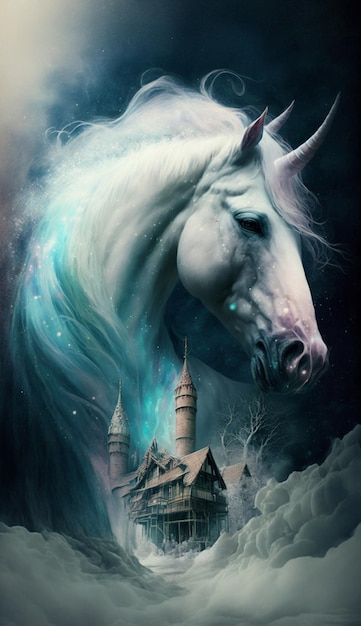 Weißes Pferd steht vor einer Burg, generative KI