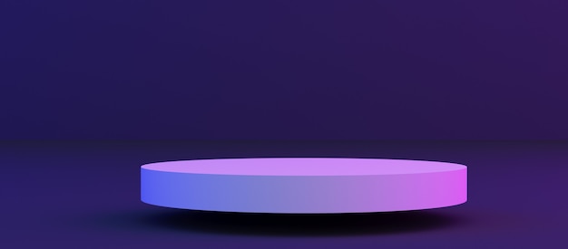 Weißes Podium auf dunkelblauem Hintergrund mit Neonlicht. Mock-up-Design. 3D-Rendering