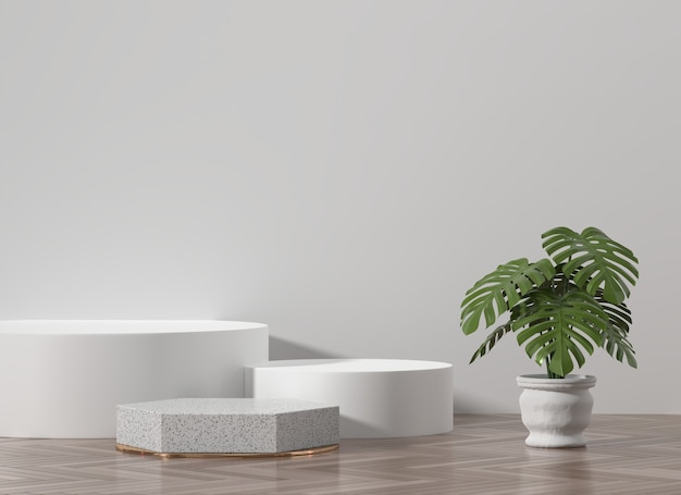 Weißes Podium für Produktpräsentationsvitrine mit Monstera-Topfdekoration 3D-Rendering