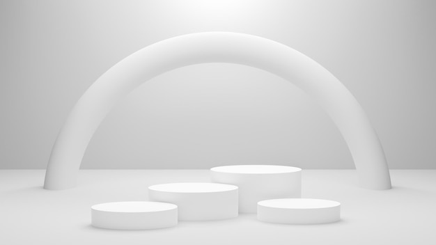 Weißes Podium oder weiße Kreisplattform auf der hellen Studiobeleuchtung, 3D-Rendering-Bild.