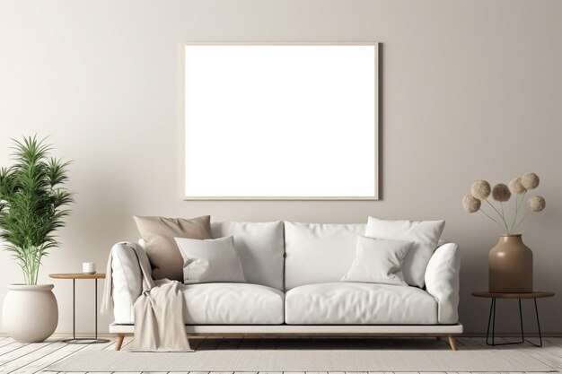 Weißes Poster-Mockup mit Holzrahmen im Wohnzimmer
