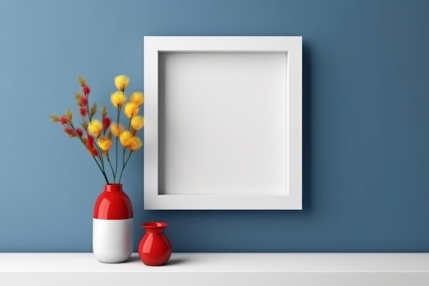Weißes quadratisches Rahmenmodell im Bauhaus-Stil auf blauem Wandhintergrund und rote Vase mit gelben Trockenblumen auf einem Boden. Minimaler Stil, farbenfrohes, einfaches Design, 3D-Illustration, generative KI