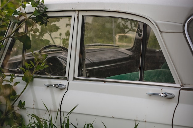 Weißes Retro- Auto auf der Seite im Gras. Autotür.