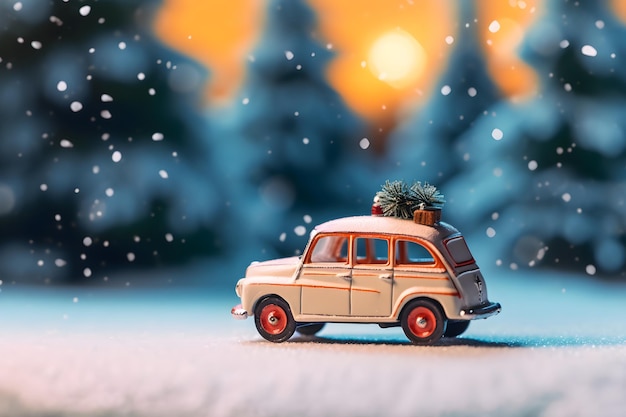 Weißes Retro-Spielzeugauto auf weihnachtlichem Schnee-Bokeh-Hintergrund