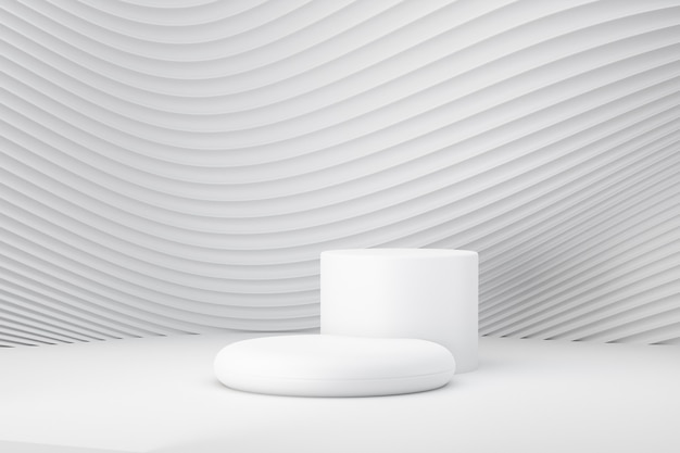 Weißes rundes Podium 3d auf weißer Kurvenwellenwand. 3D-Darstellungs-Rendering.